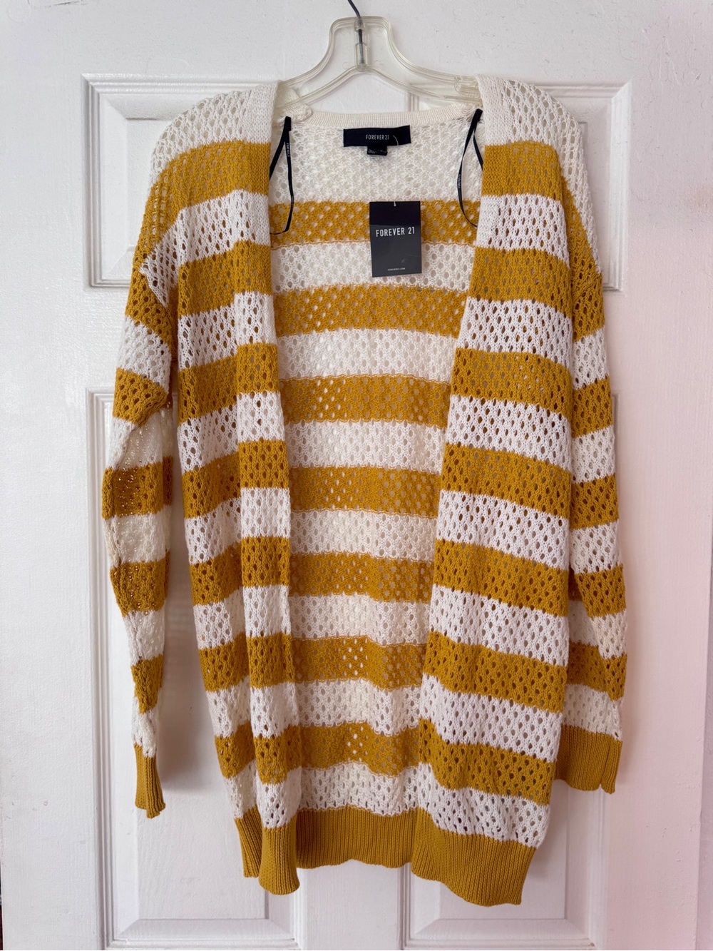 Forever 21 White Mustard Striped Crochet Cardigan NWT 100% Cotton